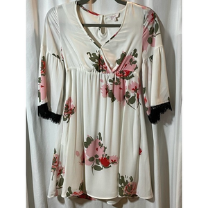 Candies White with floral Chiffon Bell Sleeve dress with black lace trim‎ XS